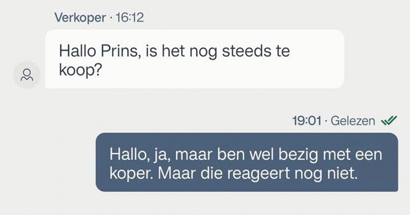 Als je niet binnen een paar minuten antwoordt op de vragen van deze Marktplaats-koper is ie er meteen al helemaal klaar mee. 'Succes ermee hier kan ik niets mee' (4 screens)