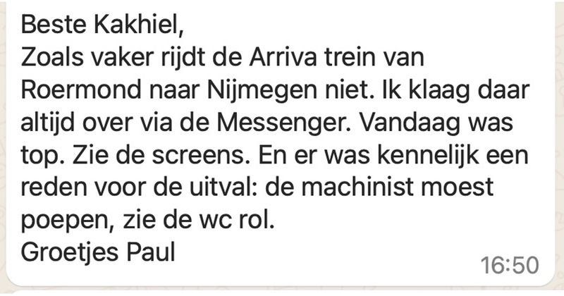 Deze Arriva-trein van Roermond naar Nijmegen kon vanmorgen helaas niet rijden omdat de machinist even iets belangrijkers te doen had (5 screens)