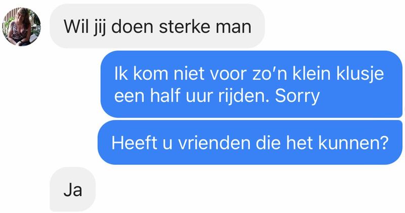 Klusjesman van Werkspot heeft een gordijnrails opgehangen bij een mevrouw thuis, de ochtend erna stuurt ze deze berichten (6 screens)