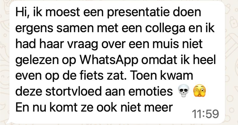 Vrouw flipt helemaal de pan uit omdat een collega even een paar minuten niet reageert op WhatsApp (3 screens)