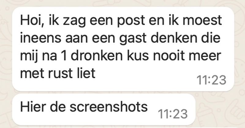 Gast blijft bijna 10 jaar lang berichten sturen naar een meisje waar hij in 2013 een keer mee gezoend had. 'Goesting om samen een festival te doen?' (15 screens)