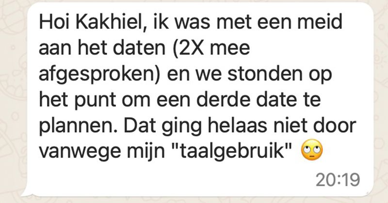 Gast wordt afgewezen voor een derde date vanwege zijn taalgebruik. 'Is meer hoe je tegen een beste vriend of kind van 10 praat' (4 screens)