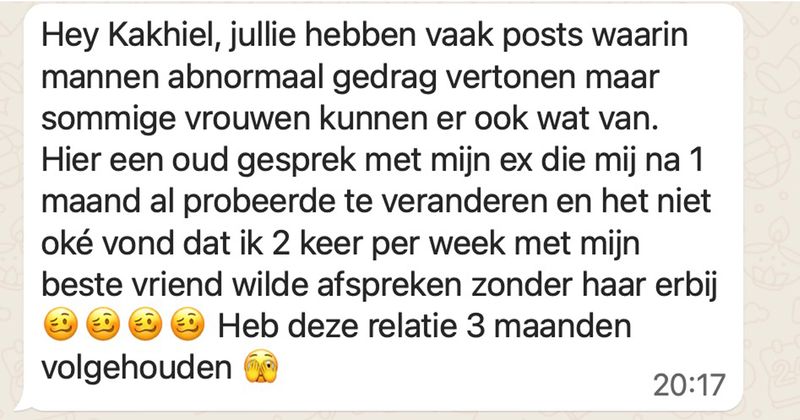 Jongen mag van zijn vriendin niet twee keer per week met zijn beste vriend afspreken zonder haar erbij en moet als het even kan ook andere hobby's zoeken (5 screens)