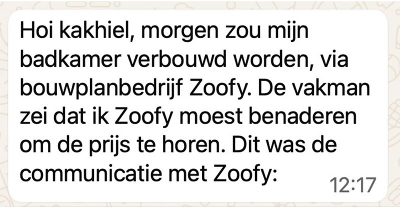Hier weer een gezellig voorbeeld van de vet mislukte online klantenservice van klusplatform Zoofy (8 screens)