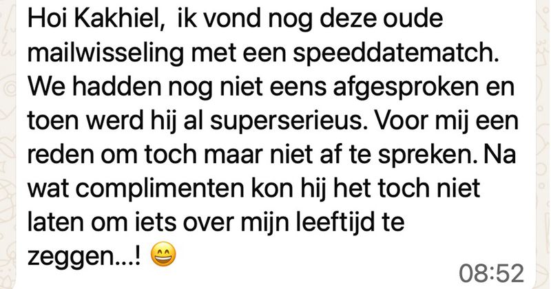 Gast wordt afgewezen voor een date en kan het niet laten om dan toch nog even een opmerking te maken over de leeftijd van zijn match (4 screens)