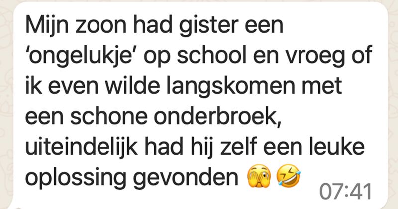 Jongen heeft 'ongelukje' op school en vraagt of zijn moeder even langs wil komen met een schone onderbroek, dat blijkt uiteindelijk gelukkig niet echt meer nodig (7 screens)