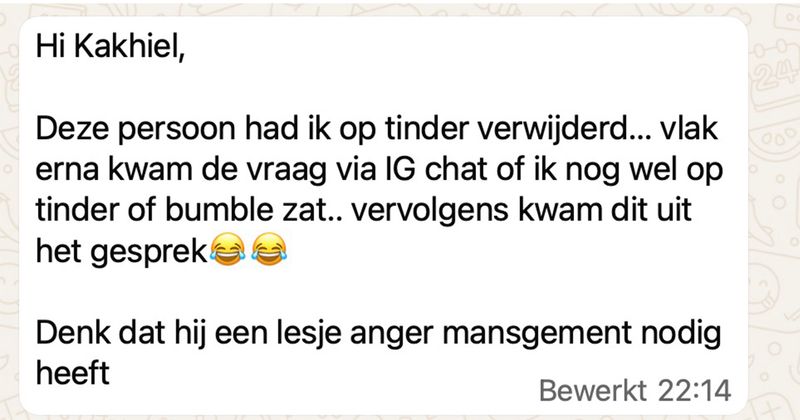 Gast die van Tinder verwijderd is door deze vrouw komt nog even via Instagram verhaal halen en als ze niet op zijn vragen wil antwoorden begint ie maar meteen volle bak te schelden (4 screens)
