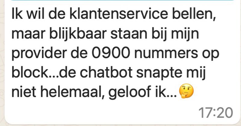 Man kan geen 0900-nummers meer bellen en neemt contact op met de chatbot van zijn provider, die komt met deze geniale tips (9 screens)