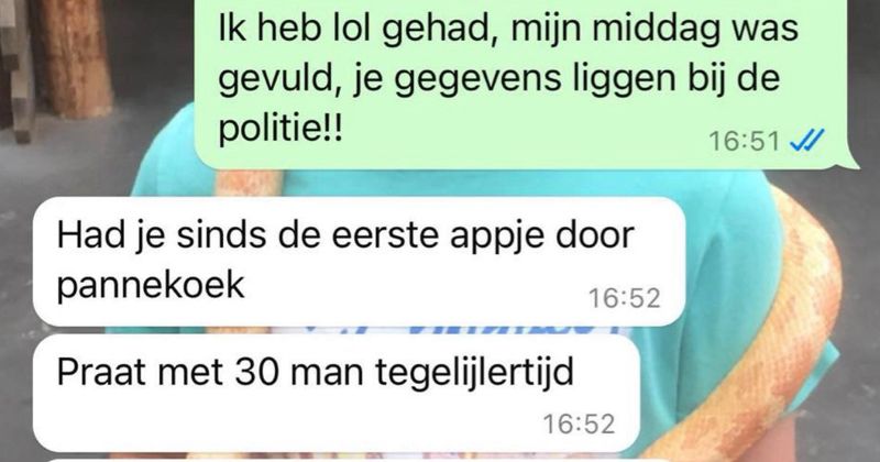 Oplichter had zogenaamd bij het eerste appje al door dat hij in de maling werd genomen maar blijft toch de hele dag lekker reageren (11 screens)