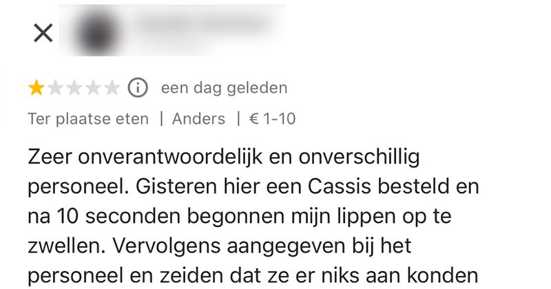 Jongen krijgt een allergische reactie na het drinken van een glas Cassis in een café, schrijft er een negatieve review over en wordt vervolgens bedreigd door de eigenaresse op Facebook (5 screens)